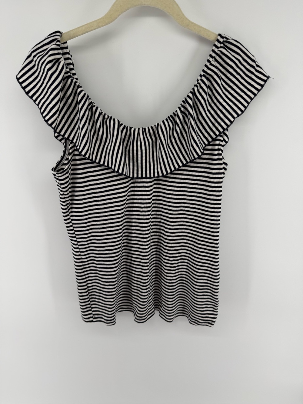 a new day Black & White Striped Ruffle Off-Shoulder Tank - Picture 2 of 7